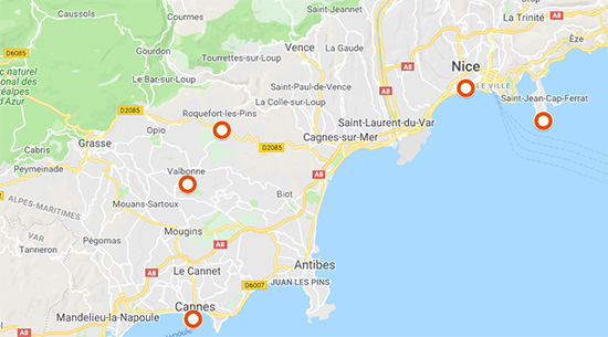 notre zone d'intervention : régions de Cannes, Grasse, Valbonne, Nice et Saint Jean Cap Ferrat